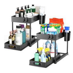 2 Pack Under Sink Organizer with Pull-Out Drawer, Black | 2-Tier Cabinet Storage, Kitchen & Bathroom, Tool-Free Assembly, Fits Cleaning Supplies & Toiletries, Space Saving