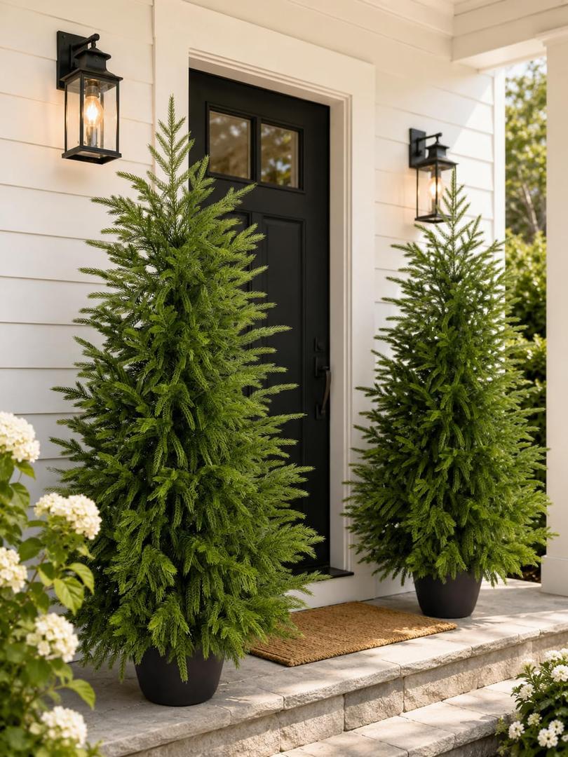 4FT Lighted Artificial Topiary Trees Outdoor Set of 2, Norfolk Pine Trees with Warm White Lights, Potted Faux Evergreen Trees for Front Porch, Entryway, Patio, Christmas Indoor Outdoor Decor