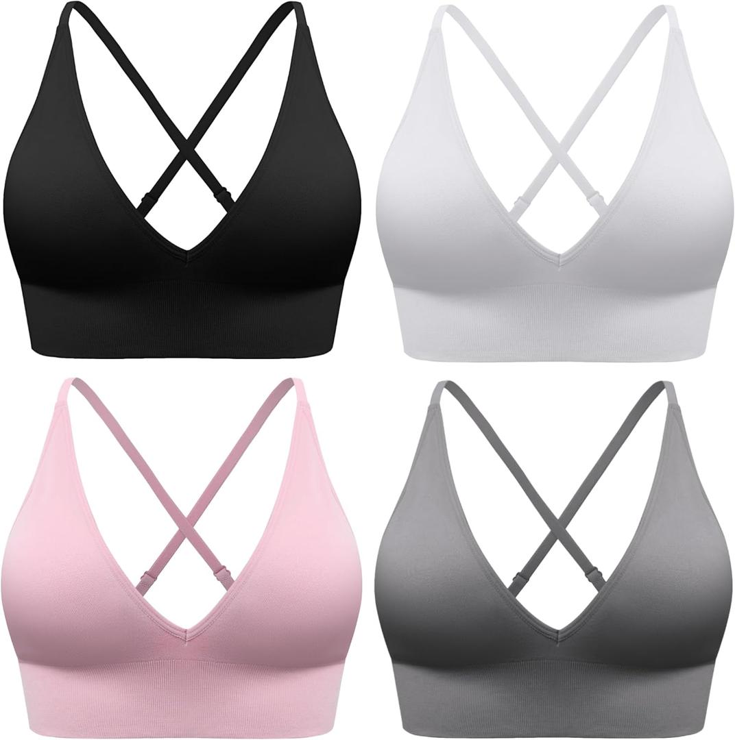 Evercute Women's Sports Bras Adjustable Deep V Neck Bras Wireless Spaghetti Strap Criss Cross Padded Low Support Sexy Bras (Medium, Black White Gray Pink 4 Pack)