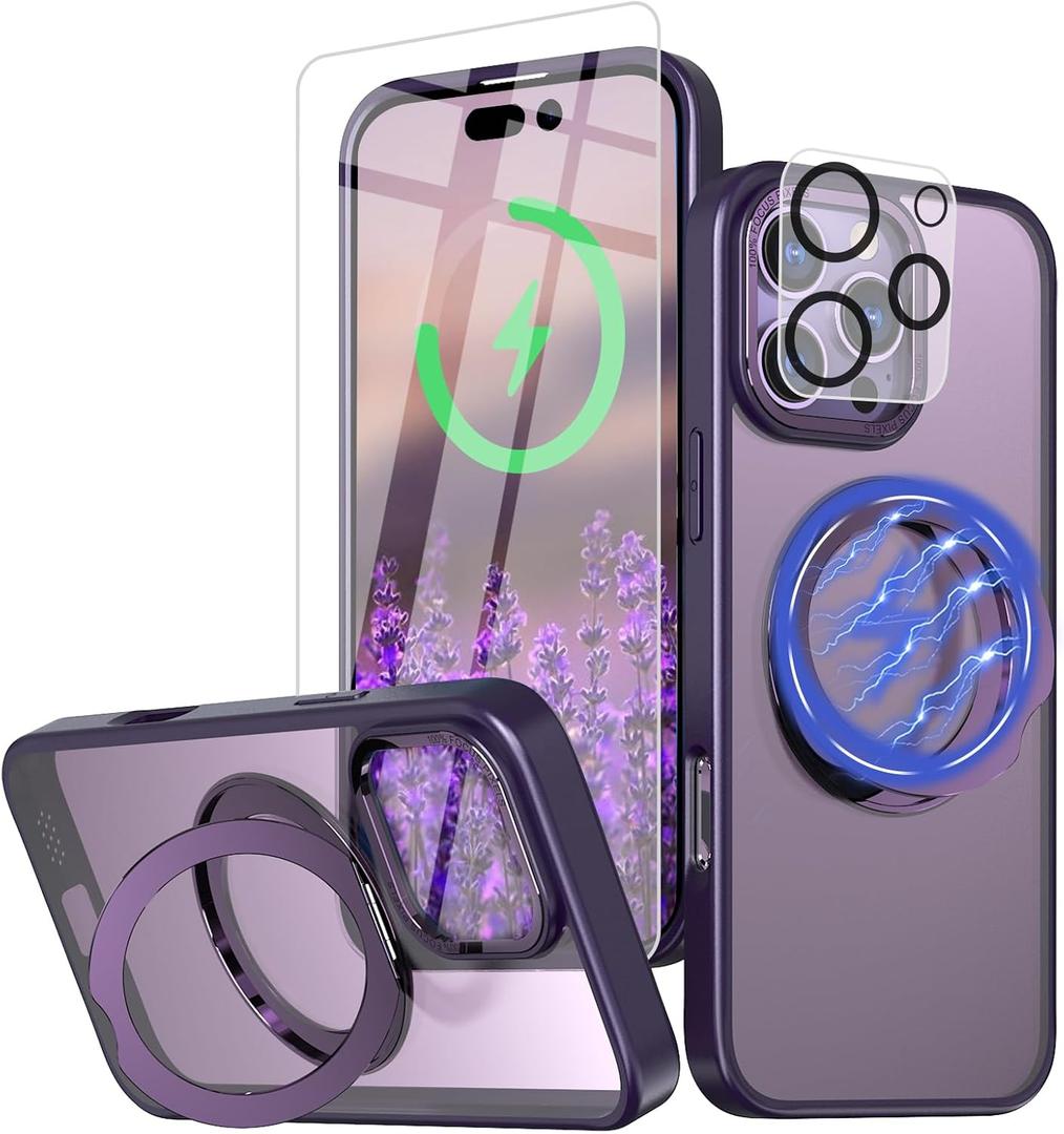 for iPhone 16 Pro Max Case with Screen Protector & Lens Protector [15 FT Military Drop Protection] Magnetic Kickstand Compatible with MagSafe Slim Translucent Case (Deep Purple)