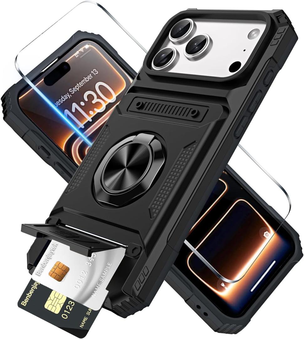 for iPhone 17 Pro Wallet Case with Card Holder + 1 Screen Protector, (2 Cards) & 360Ring Kickstand Military Grade Drop Shockproof Rugged Case for iPhone 17 Pro 6.3"(Black)