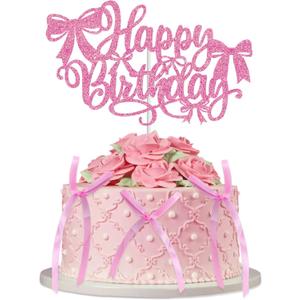 Bow Themed Happy Birthday Cake Topper Decor with 6 Pink Twist Tie Bows, 6.6 x 4 Inches Glittery Pink Bowknot Cupcake Sign Toppers Decorations for Coquette-Style Birthday Party Supplies