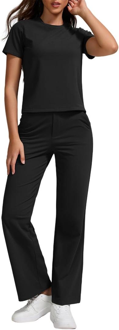 ZFLM Women Casual Loungewaer 2 Piece Outfits Short Sleeved Wide Leg High Waisted Pants with Pockets Tracksuit Sets Streetwear (Medium, Black)