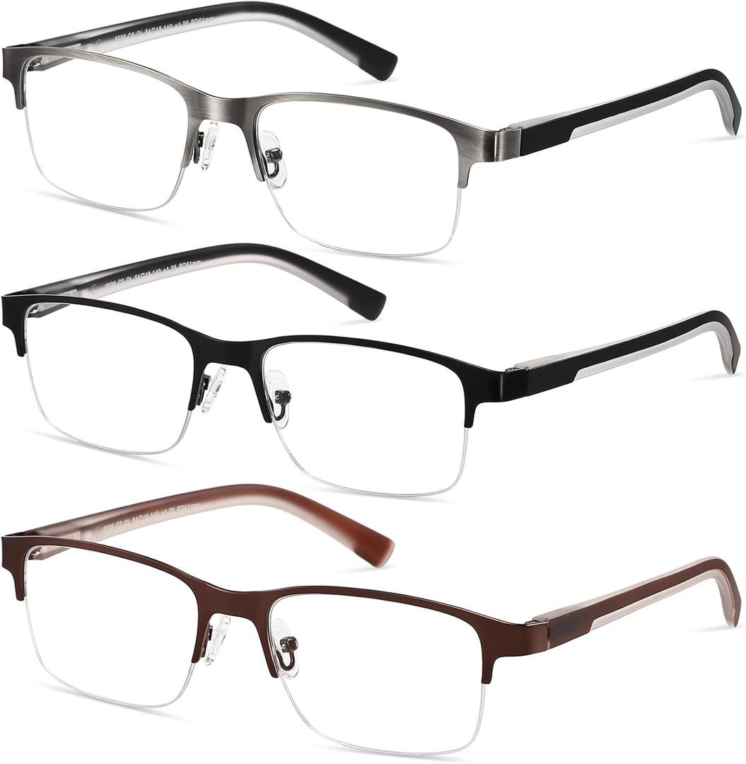 3 Pack Metal Reading Glasses Men, Half Frame Spring Hinge Computer Blue Light Readers for Large Head/Big Face (Black/Brush Gun/Brown Frame (Anti Blue Light Lens)