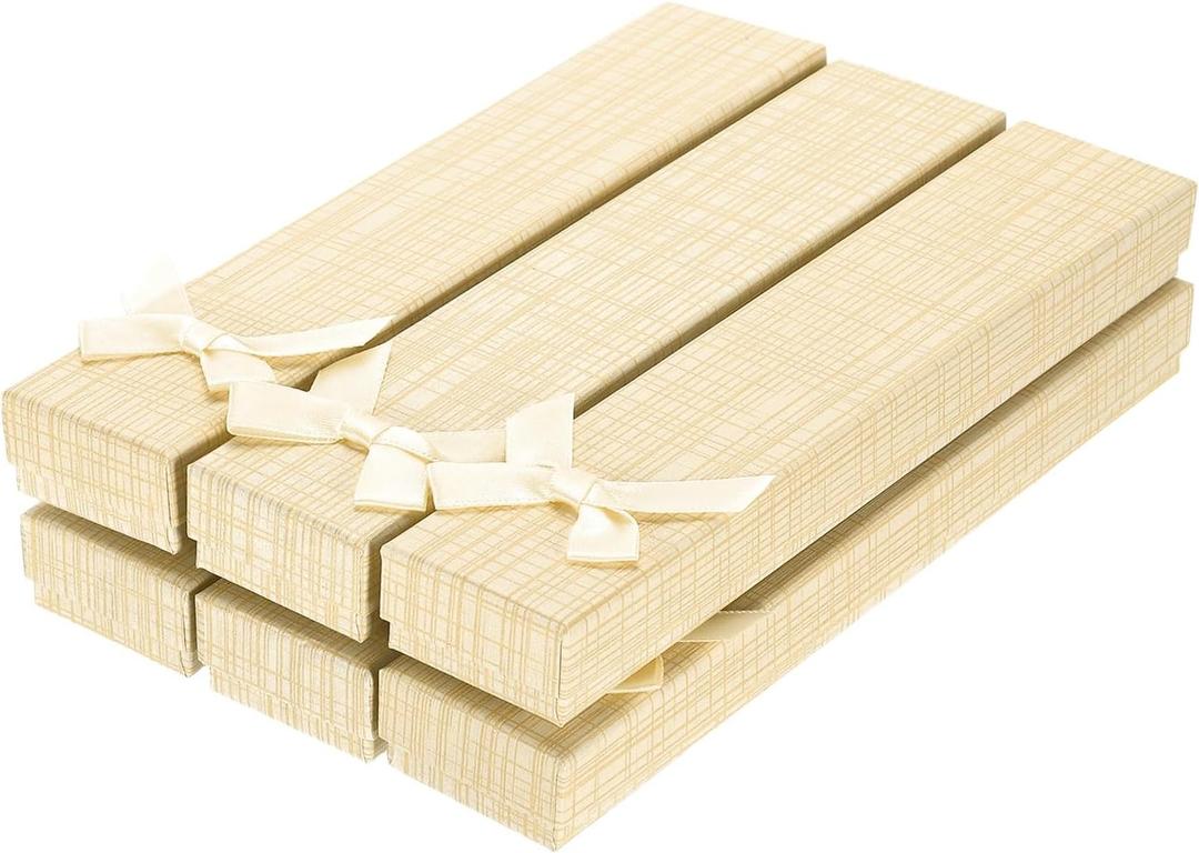 PATIKIL 8.3 x 1.5 x 0.9 Inch Jewelry Gift Box, 6 Pack Cardboard Paper Grid Rectangle Necklace Box with Foam Inserts Bowknot for Wedding Birthday Anniversary Proposal Festival, Cream