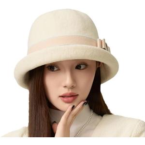 Women Vintage Felt Cloche Hats Winter Fall Solid Fedora Bucket Caps Elegant Bowler Hat Bowknot (Off-white)