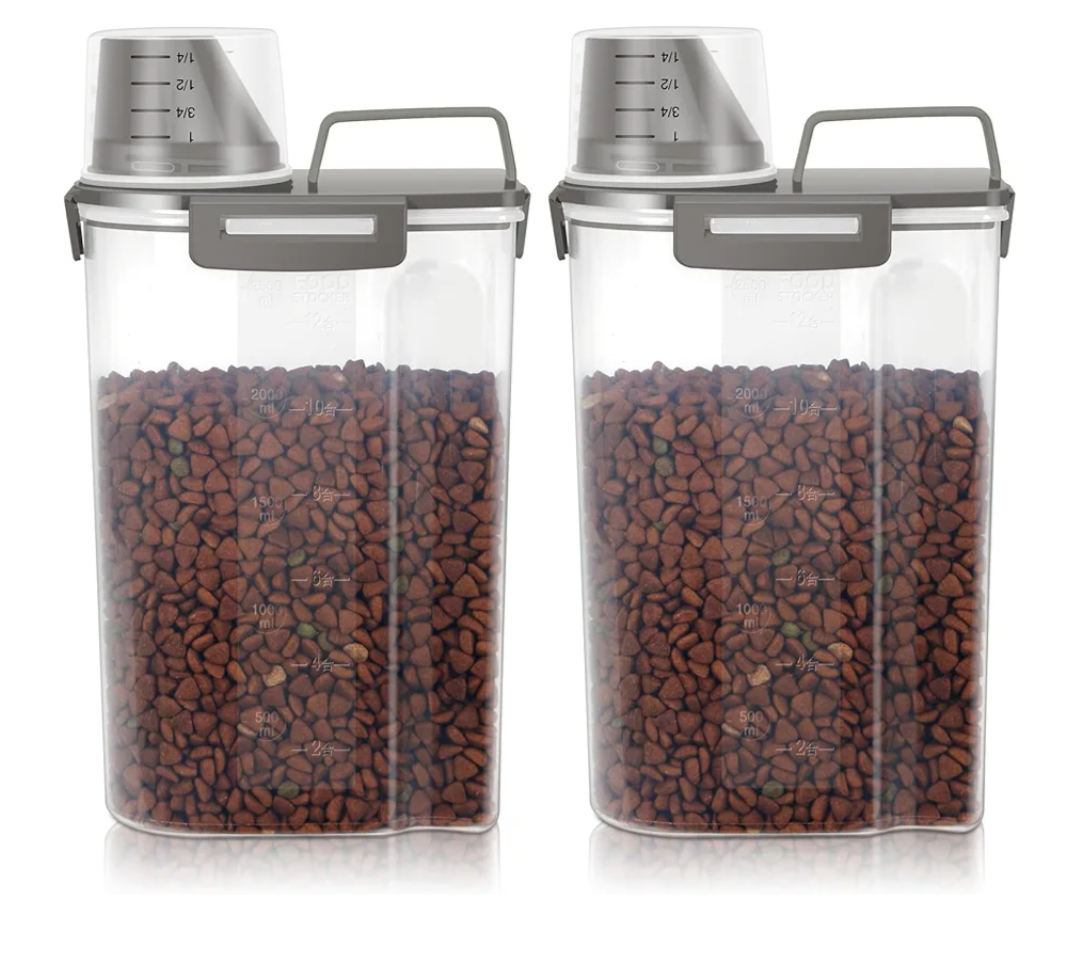 3-5Lbs Airtight Small Cat Dog Pet Food Storage Containers BPA Free, with Large Pour Spout/1 Measuring Cup/4 Safety Locks and Double-layer Silicone Strip (Olive Gray 2Pack)