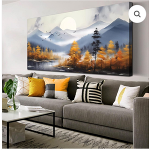 Landscape Wall Art for Living Room, Sunrise Mountain Tree Canvas Print Painting for Bedroom, Gold and Blue Picture Artwork Decor, Large Size 60x30 Inc