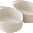 JMvicyroam Woven Basket,Small Rope Storage Bin with Handles & Ribbon Bag, Organizer for Shelves Closets,Gift Basket Empty for Birthday,Books,Dog Toys,White/2 Pack