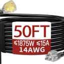 50 FT 14/3 Extension Cord Outdoor, Heavy Duty Weatherproof & Flame Retardant Black 3 Prong Power Cord with Light, Outside for Lawn & Garden, 15 Amps 1875 Watts 125 VAC 14AWG SJTW, ETL Listed