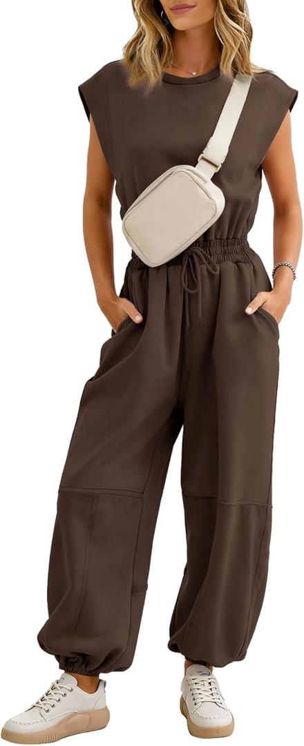 Flygo Womens Casual Jumpsuit Crewneck Cap Sleeve Long Wide Leg Pants One Piece Outfits Drawstring Romper with Pockets, Size: S