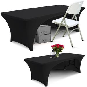 ABCCANOPY 2PCS 6 ft Spandex Table Cover Open Back Fitted Polyester Tablecloth Stretch Washable Tablecover Table Toppers Black