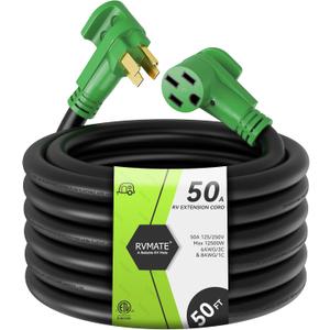 RVMATE 50 Amp 50 Feet RV/EV Extension Cord, Easy Plug in Handle, 14-50P to 14-50R with LED Indicator, ETL Listed, Come w/Storage Bag and Plastic Strap
