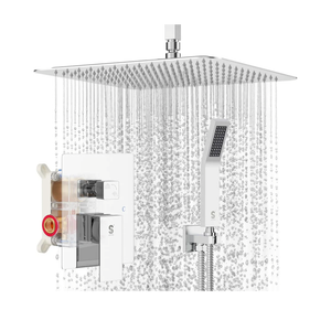 SR Sun Rise 12 Inch Ceiling Mounted Shower System Rain Mixer Combo Set Rainfall Shower Head System Faucet Trim Repair Kits Polished Chrome Rough-in Valve Body and Trim Included
