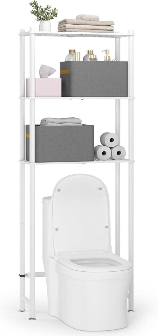 Over Toilet Bathroom Organizer - 3-Tier Bamboo Behind The Toilet Bathroom Organizer Shelf Freestanding Toilet Rack Space Saver for Bathroom Laundry Home, Easy Assembly with 2 Storage Bags (White)
