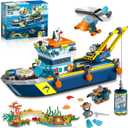 City Floatable Boat Building Set with LED Light - Ocean Arctic Explorer Ship Building Block Kit with Helicopter, Sub Exploration Toy Adventure Set Birthday Gift for Kids Boys Girls 6 7 8 9 10+
