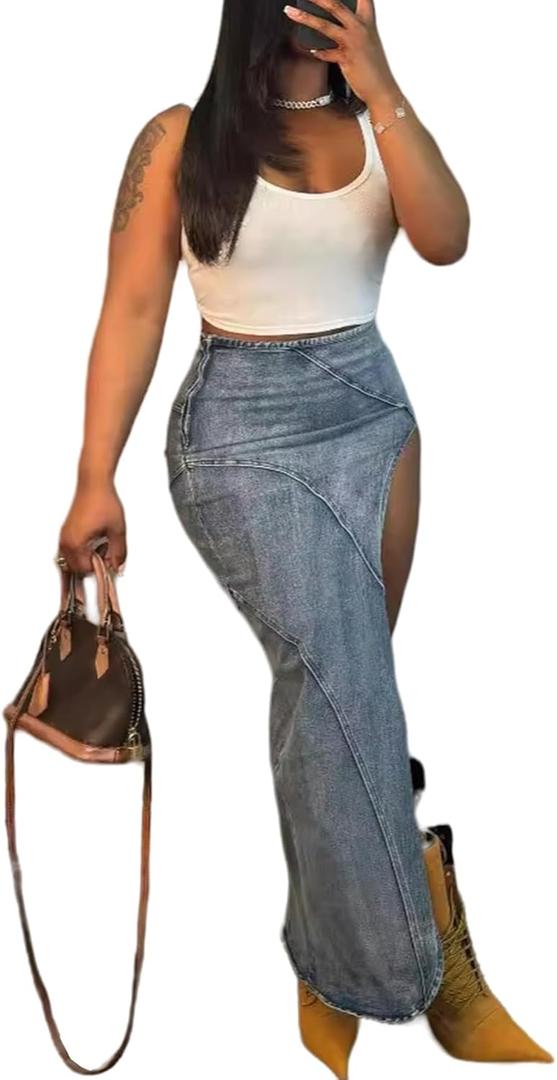 Molisry Womens High Split Denim Maxi Skirt Frayed High Waisted Sexy Summer Irregular Jeans Skirt Streetwear (Medium, 1-blue)