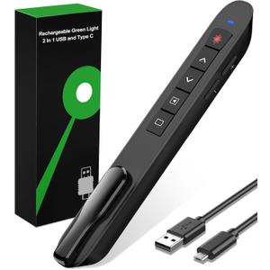 Presentation Clicker Green Laser Pointer, Rechargeable PowerPoint Clicker Wireless Presenter Remote, RF 2.4GHz USB Presentation Pointer Slide Advancer with Hyperlink Volume Control for Mac Computer (Q91-Green light)