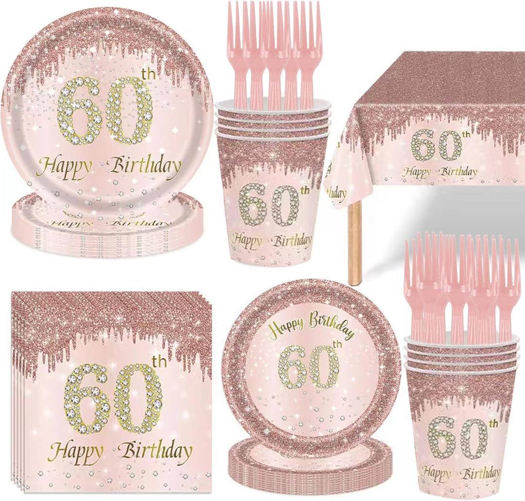 121Pcs 60th Birthday Party Supplies Plates Napkins Cups Forks Tablecloth Rose Gold Happy 60th Birthday Themed Disposable Tableware Decorations Serves 24 Guests for Women 60 Years