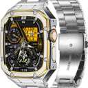 Stainless Steel Watch Band with Case Compatible with Apple Watch Ultra 3 2 1 band (49mm), Rugged Strap with Metal Protective Bumper Cover for iWatch Bands Men (Silver/Gold)