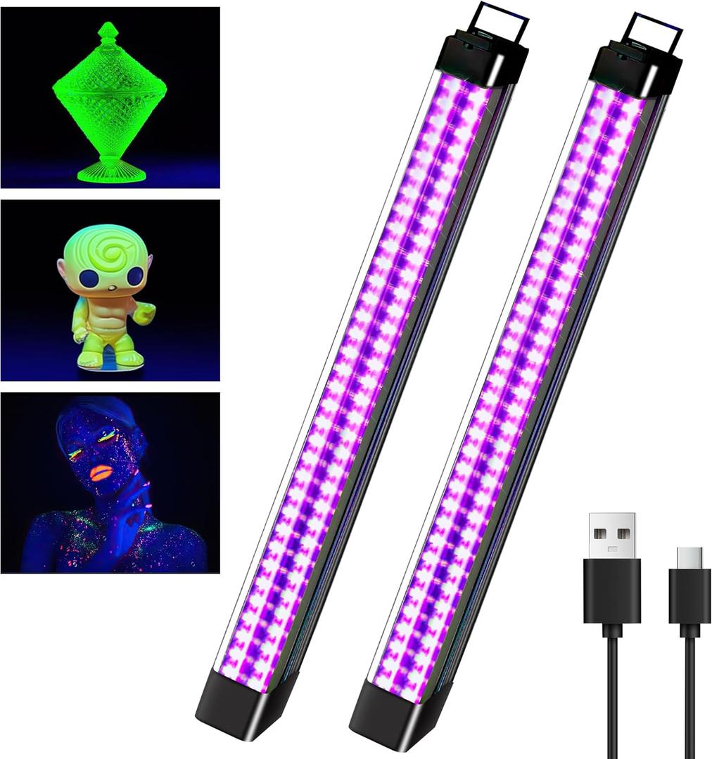 2 Pack Rechargeable LED Black Light Bar, 10W Battery Operated Black Lights, Cordless Black Light Strip, Portable Blacklight for Bedroom Tapestry Poster Glow Party