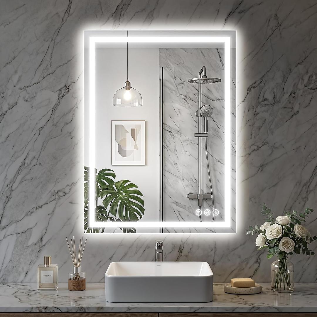LED Bathroom Mirror, 24"x36" with Frontlit and Backlit Anti-Fog Mirror with Lights LED Vanity Mirror for Bathroom 3 Colors Temperature & Dimmable Bathroom Mirror with HD Tempered Glass