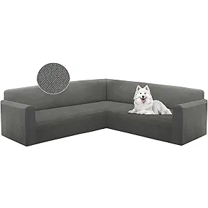 Sectional Couch Cover L Shape Stretch Sofa Covers Washable Jacquard Corner Couch Slipcover Non Slip Sectional Slip Cover U Shaped Furniture Protector for Pets Dogs (Charcoal Grey, X-Large)