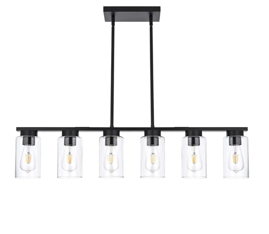 Modern Linear Farmhouse Chandelier, 6-Light Matte Black Kitchen Island Pendant Light with Glass Shade Fixture for Dining Room Foyer Bar Pool Table (Black)