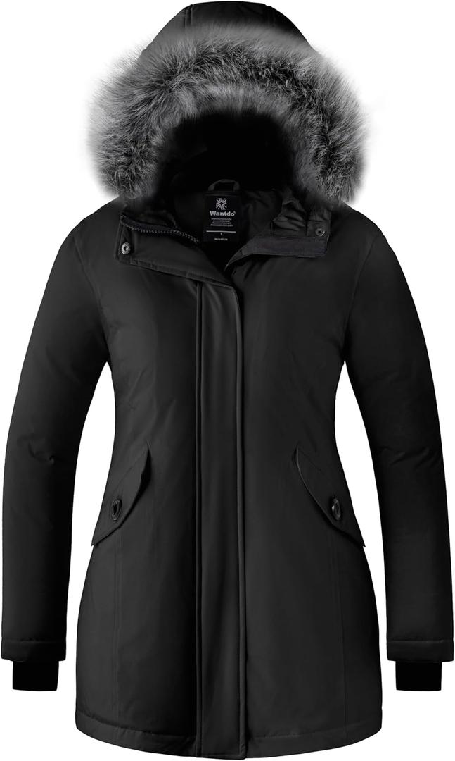 wantdo Women's Winter Coat Waterproof Puffer Jacket Thicken Parka with Fur Hood (Black, M)