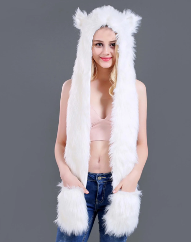 Winter Faux Fur Animal Hood, Hat Scarf Gloves Set 3-in-1 Beanie with Ears Paws Pocket Mittens Fluffy Hat Costume Hats