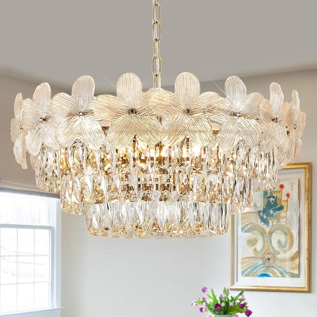 11 Lights Modern Flower Elegant Crystal Chandelier 6-Tier 24" Luxury Gold Chandelier Light Fixture for Living Dining Room Kitchen Entryway Bedroom Foyer, E12