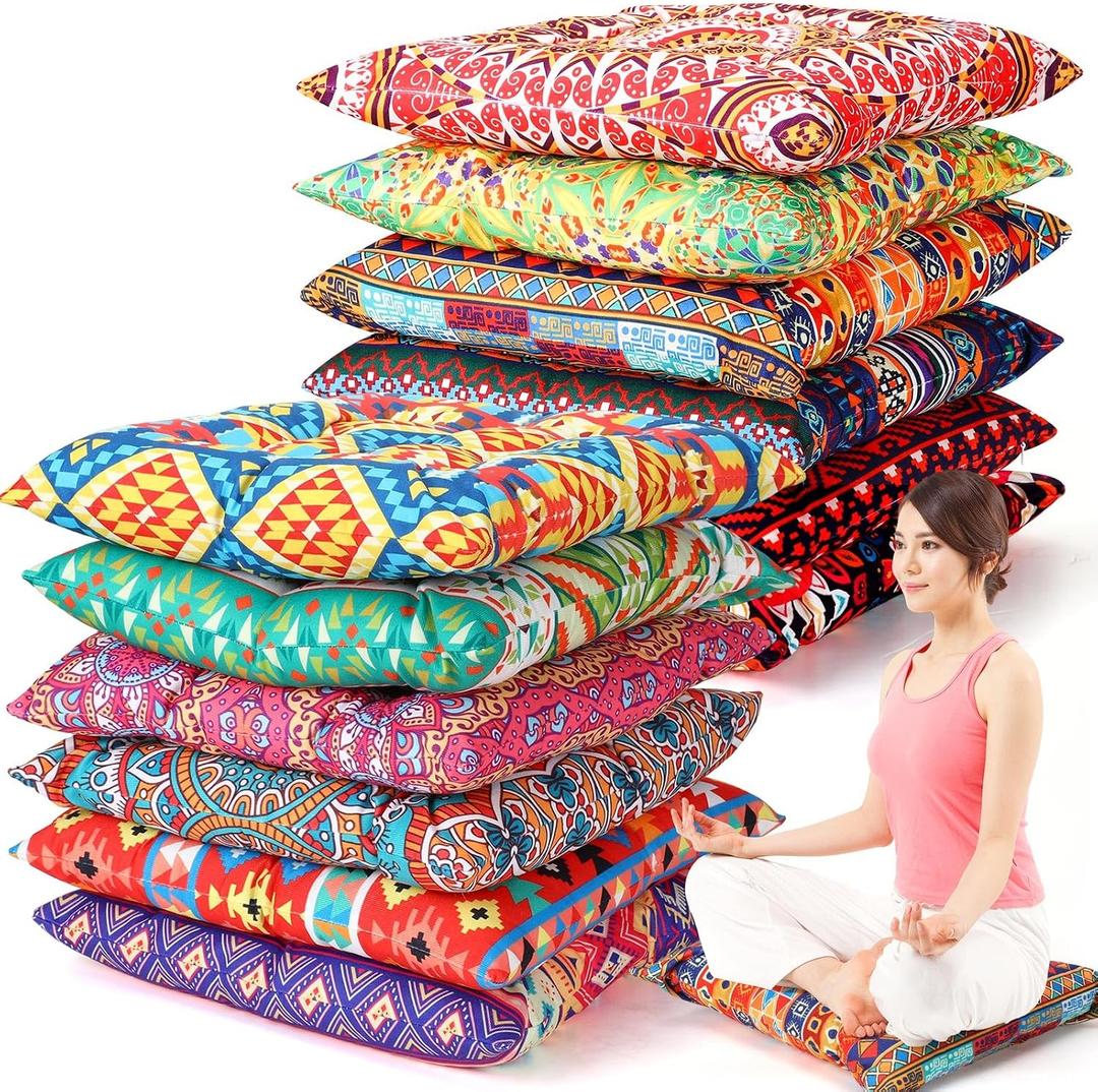 Nuogo 12 Pcs Bohemian Floor Cushions Bulk 15 Inch Boho Floor Sitting Meditation Pillows Yoga Mandala Meditation Pouf for Living Room Balcony Office Tatami(Square), 15 x 15 x 2.36 inches