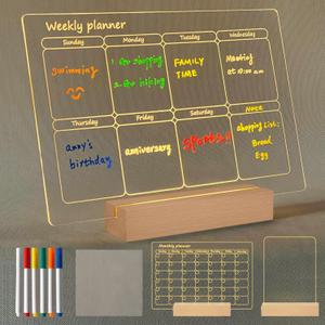 Acryic Dry Erase Board with Light, Wooden Stand Up for Desk, 11.8x7.9, Clear Monthly/Weekly Calendar and Led Note Board with Colors, Room/Store/Office/Festival/Gift, 6 Markers