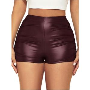 WDIRARA Women's Sexy Faux Leather Skinny High Waisted Shorts Ruched Stretch Mini Short (Burgundy, L)