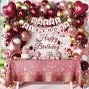 Burgundy Birthday Decorations, Burgundy Rose Gold White Balloons Happy Birthday Banner Tablecloth Backdrop for Happy Birthday Decorations for Women Adults