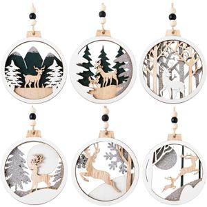 JOIEDOMI 6 Pcs Christmas Wooden Ornaments, Christmas Farmhouse Rustic Reindeer, Hanging Wood Ornaments for Winter Holiday Indoor Decor, Xmas Tree Decorations