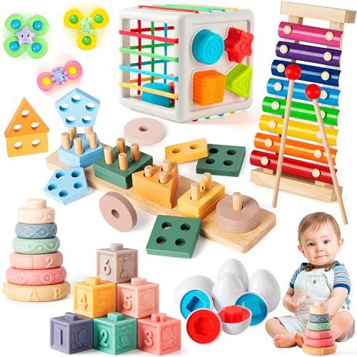 7‑in‑1 Montessori Baby Toys for 6‑12 Months & 1+ Years, Infant Sensory Teething & Stacking Blocks | Wooden Shape Sorter, Xylophone Musical Toy, Birthday Gift for Toddlers 1‑3