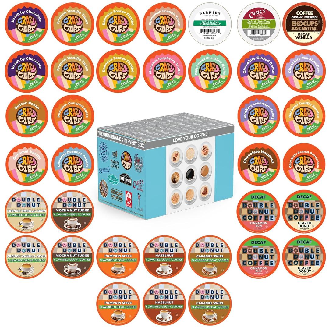 Crazy Cups Flavored Decaf Coffee Pods Variety Pack Compatible with Keurig K Cups Brewers, 36 Count, Assorted Decaffeinated Flavored Coffee Sampler(Pack of 1) (EXP 04/27/26)