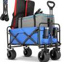 Beach Wagon,Collapsible Foldable Wagon Cart with Big Wheels,Utility Folding Grocery Lounge All Terrain Wagon with Side Pocket and Brakes for Sand Camping Sports Outdoor(Blue).