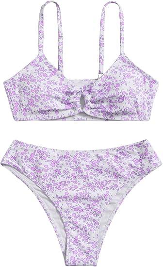 COZYEASE Girls' 2 Piece Ditsy Floral Print Knot Front Ruched Triangle Bikini Swimsuit (8 Years)