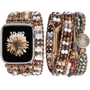 JR.DM Boho Beaded Watch Band Women Compatible with Apple Watch 38mm 40mm 41mm 42mm (S10/11) Brown Stone Bracelet Adjustable Handmade Braided Rope Strap for iWatch Series 11/10/9/8/7/6/5/4/SE 3/2/1
