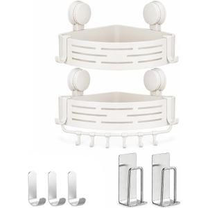 Double Layer Shower Corner Caddy, White Suction Cup Organizer, No-Drill