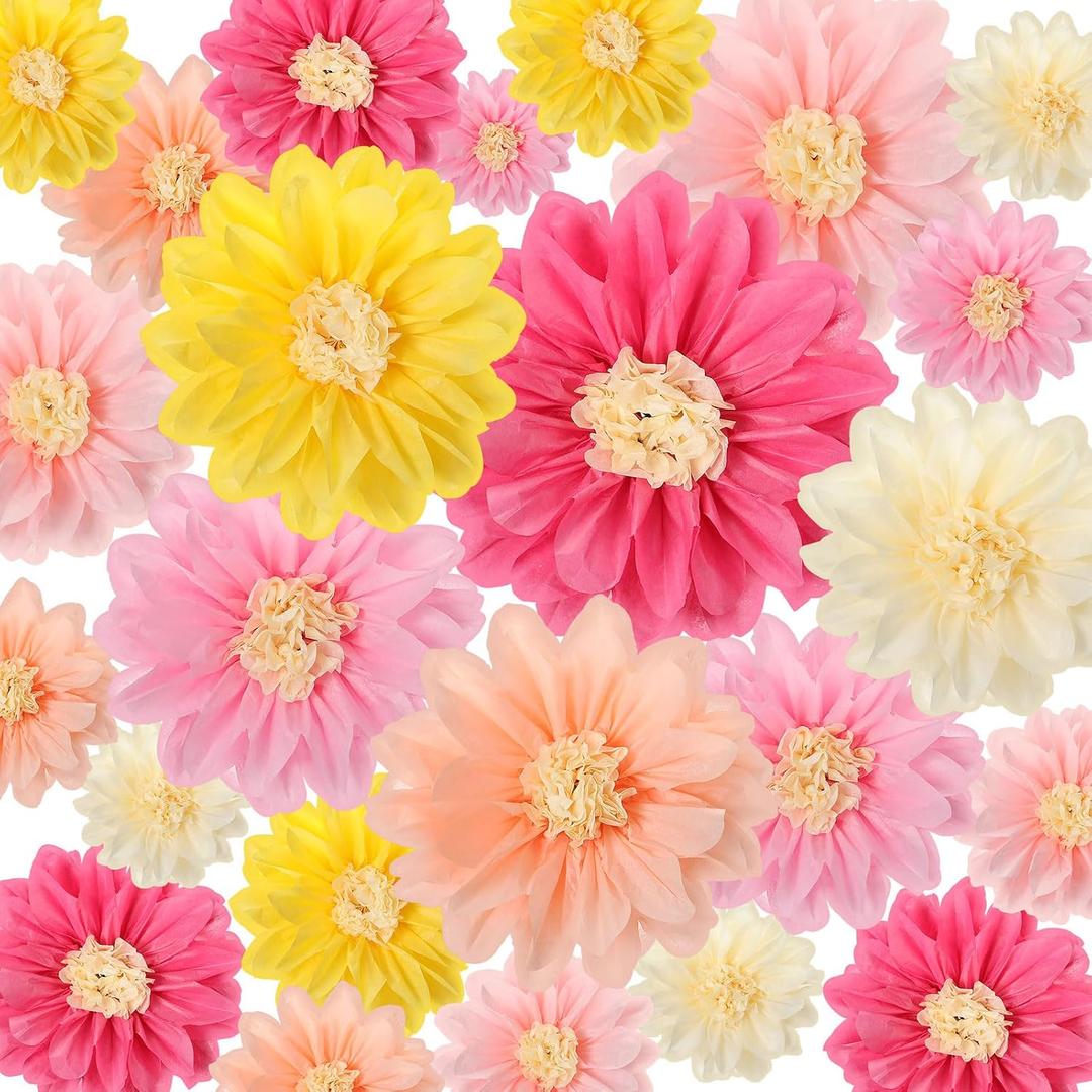 Geyee 18 Pcs Mexican Paper Flowers Colorful Fiesta Tissue Paper Flowers Pom Poms Mexican Carnival for Floral Party Backdrop Wedding Birthday Party Craft, 6" 8" 10" (Vivid Color)