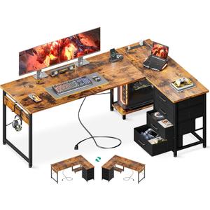 Casaottima L Shaped Desk with 4 Tier Drawers, 61" Gaming Desk with Power Outlets & USB, Reversible L-Shaped Computer Desk with CPU Stand, Home Office Corner Desk with Storage, Easy Assemble, Vintage