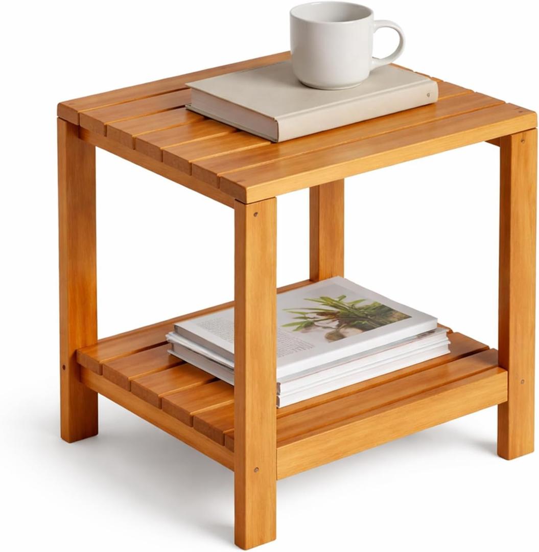 Outdoor Side Tables for Patio, Small End Table Living Room Accent Coffee Table 2-Tier Storage Solid Wood for Porch, Pool, Balcony & Backyard Weather-Resistant Outside Adirondack Table