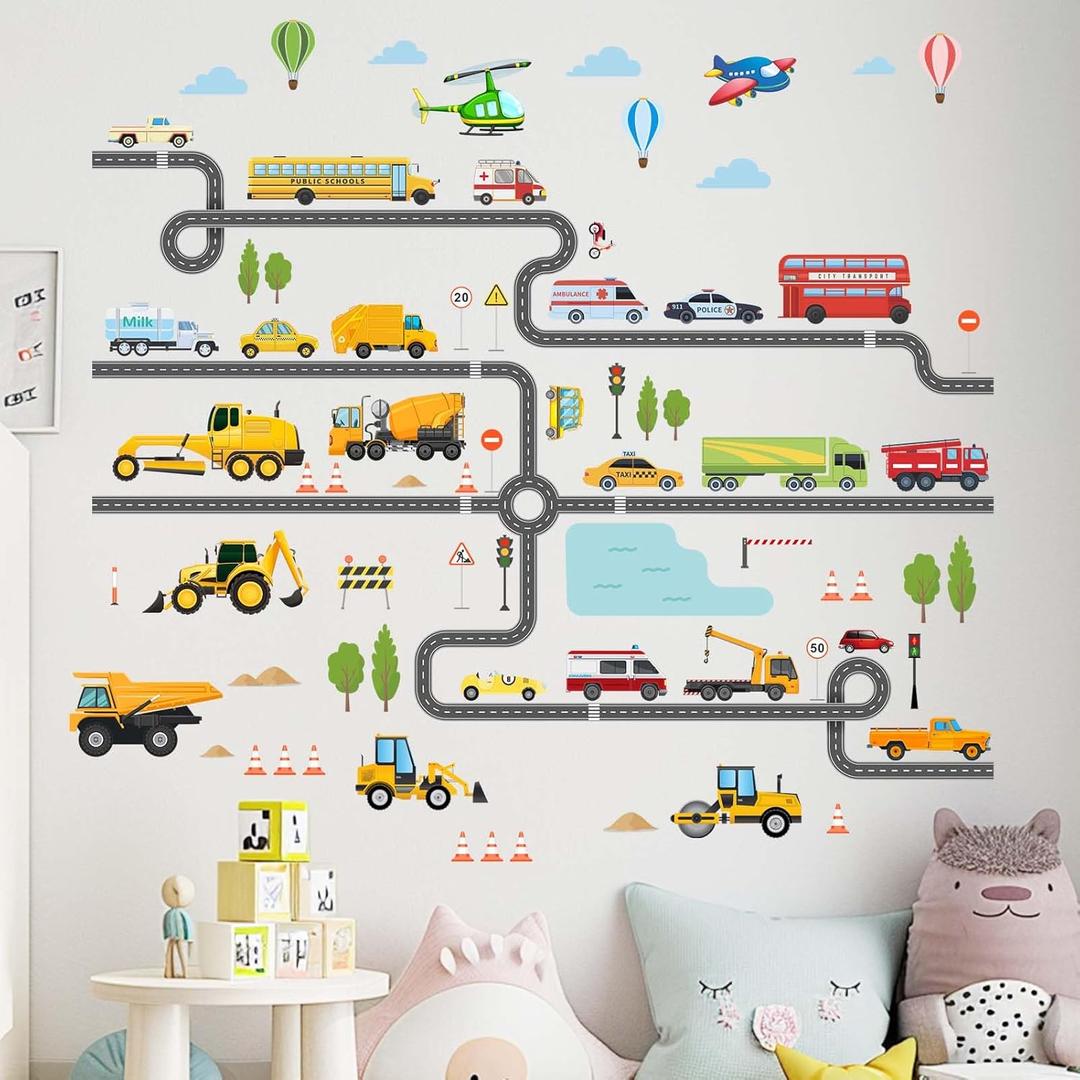Large Construction Vehicles Car Wall Stickers - Trucks Excavator Tractor Wall Decals - Kids Boys Bedroom Playroom Daycare Wall Decor
