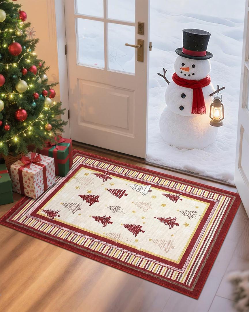 GarveeHome 2x3 Christmas Rug for Entryway Non Slip, Christmas Tree and Snowflake Print Kitchen Rugs Washable Area Rug, Low Pile Soft Red and Beige Holiday Decor Small Carpet for Entrance Indoor Christmas Beige