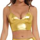 Women's Metallic Crop Tops Shiny V-Neck Tube Bra for Dancing, Raves, Festivals, Costumes (Gold)