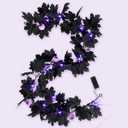 Black Maple Garland Halloween Decor Purple Lights Artificial Maple Wreaths for Wall Fireplace Outdoor Indoor Yard Haunted House Decoration