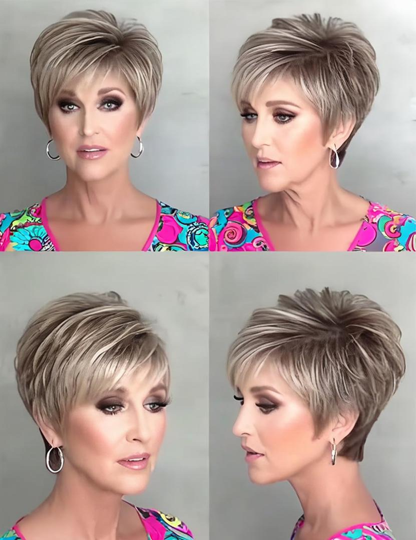 TISHINING Short Ombre Grey Pixie Cut Wigs for White Women with Bangs Synthetic Grey Blonde Wig with Dark Roots Natural Layered Short Hair Wigs for Women
